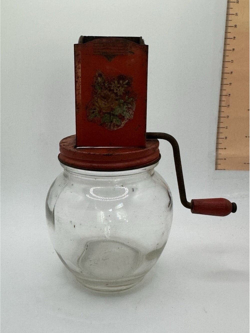 ANTIQUE VTG ANDROCK NUT MEAT CHOPPER RED CHUTE W/FLORAL DECAL HAZEL ATLAS #5935